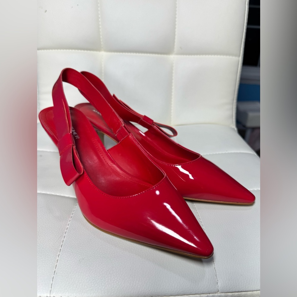 Red Patent Slingback Pointed-Toe Heels with Bow Accent - Picture 10 of 14